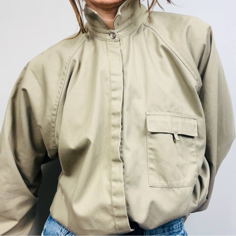 Vintage Khaki Utility Work Shirt–Raglan Button-Up–Oversized Boxy Fit - Large